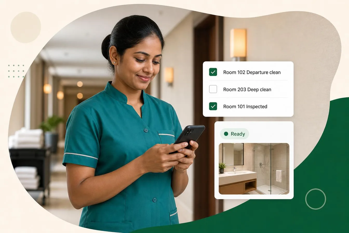 Housekeeping staff reviewing room tasks on a mobile phone