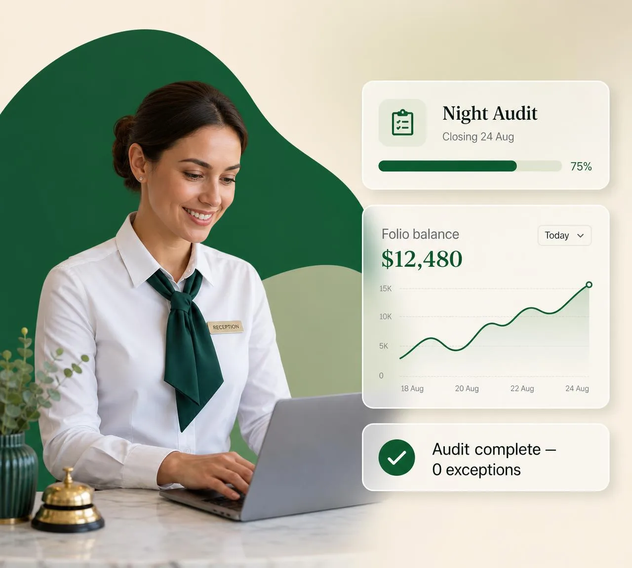 Reception staff working on night audit screens at the front desk