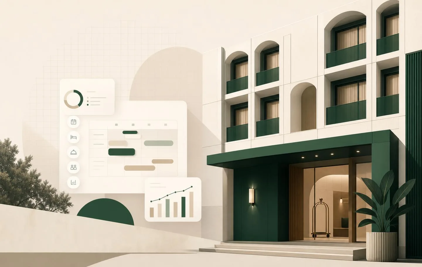 Kubicale dashboard showing front desk, housekeeping, rates and billing on one screen